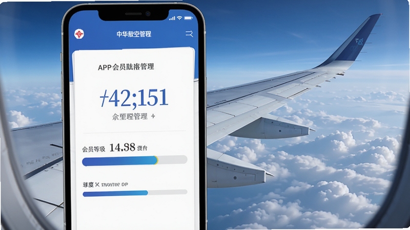 中华航空APP会员里程管理页面,手机屏幕显示里程数字与会员等级进度条,背景为高空云层与机翼视角,色调以蓝白为主,体现飞行与尊贵感