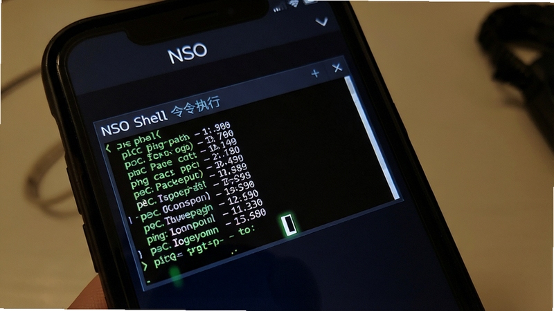 NSO Shell����ִ�н��棬�ֻ���Ļ��ʾ�ն������д��ڣ�����ִ��ping����������ݰ���Ϣ������Ϊ��ɫ�����񣬴��й����˸Ч��������������NSO����