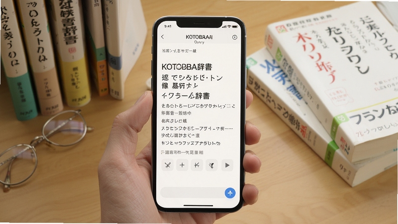 KOTOBA辞软件界面展示日语词典查询功能,画面中央为手机屏幕显示词条释义,背景为书桌与日语学习书籍,整体风格清新简洁,适配Boogu模型生成
