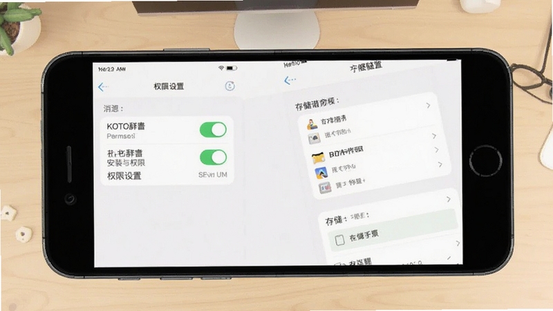 KOTOBA辞安装与权限设置示意图,画面展示手机设置界面中的权限开关与存储选项,背景为浅色桌面,风格简洁明了,适配Boogu模型生成