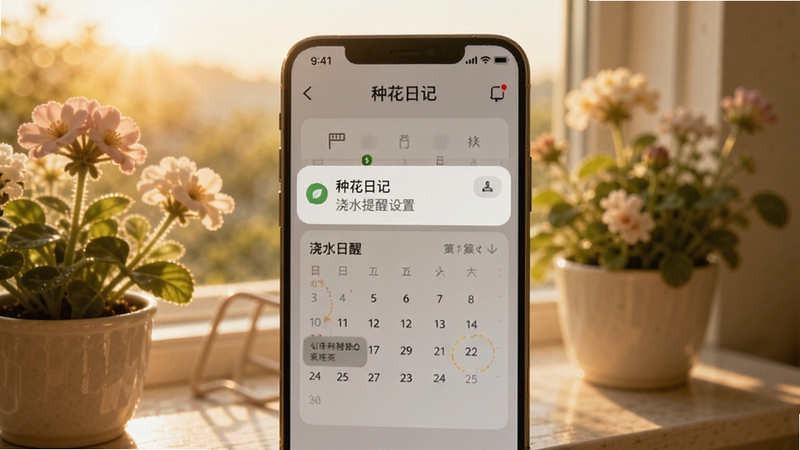 种花日记浇水提醒设置界面,画面中央为手机弹出提醒通知与日历标记,背景为清晨窗台花卉,色调温暖,体现提醒功能