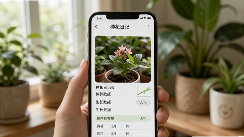 种花日记图文记录界面,画面主体为手机屏幕显示植物照片与生长数据表单,背景为室内绿植角,光线柔和自然,突出记录功能细节