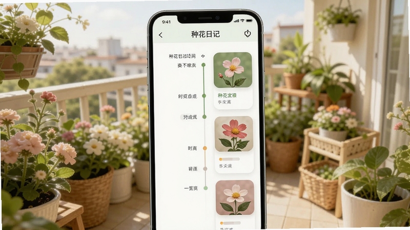 种花日记软件主界面展示,画面中央为手机屏幕内呈现的植物成长时间轴与花卉卡片列表,背景为温馨的阳台花园场景,画面明亮清新,适配Boogu模型生成