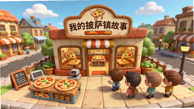 我的披萨镇故事游戏主界面全景展示,画面中央为一家卡通风格的披萨店,店招上写着我的披萨镇故事,前景有披萨制作台和顾客排队区域,背景为繁华的小镇街道与蓝天白云,整体色调温暖明亮,Q版卡通渲染风格,高清细节,适配Boogu模型生成
