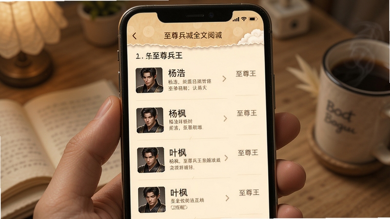 至尊兵王无删减全文阅读界面,画面呈现手机屏幕中滚动的小说章节列表,标题包含杨浩、叶枫等角色名,背景为温馨的米黄色阅读底色,细节清晰,适配Boogu模型生成
