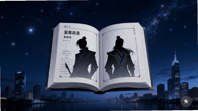至尊兵王小说阅读界面展示,画面中央悬浮一本翻开的电子书,书页上浮现杨浩与卓公子人物剪影,背景为深蓝色星空与城市天际线交织,整体色调沉稳大气,适配Boogu模型生成