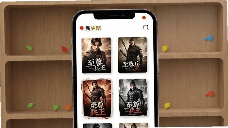 至尊兵王书架管理界面,画面中手机屏幕显示多个书籍封面排列成网格,顶部有更新提醒红点,背景为简约木质书架纹理,适配Boogu模型生成