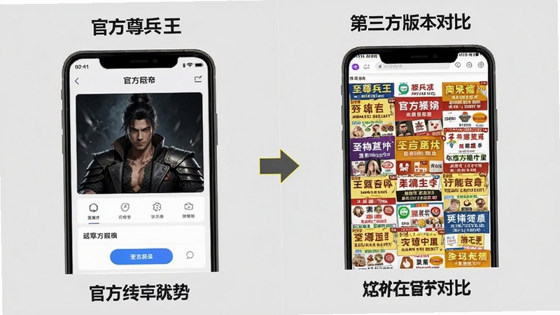 至尊兵王官方应用与第三方版本对比示意图,画面左侧为简洁官方界面,右侧为杂乱广告页面,背景为浅灰色,突出官方版本优势,适配Boogu模型生成