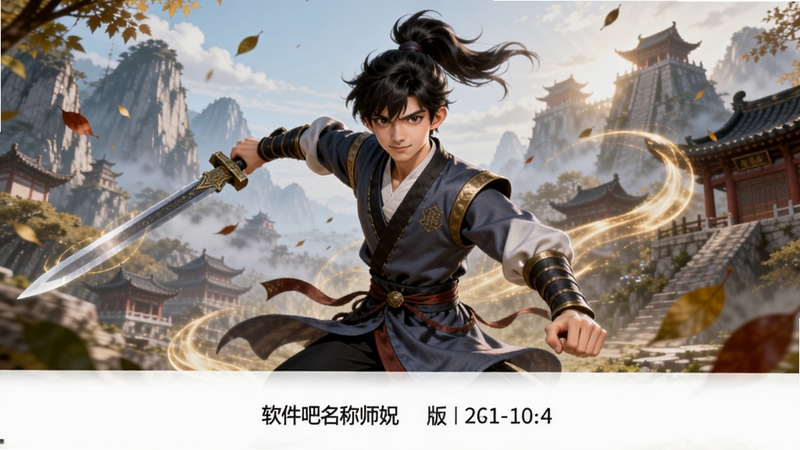 画面中央是一位身穿劲装、手持长剑的年轻师兄角色,背景是充满东方奇幻色彩的山谷与古建筑群,周围环绕着淡淡的金色气浪与飘落的树叶,整体色调明亮热血,突出出击吧师兄的游戏主视觉,画面下方预留出空白区域用于展示软件名称与版本信息