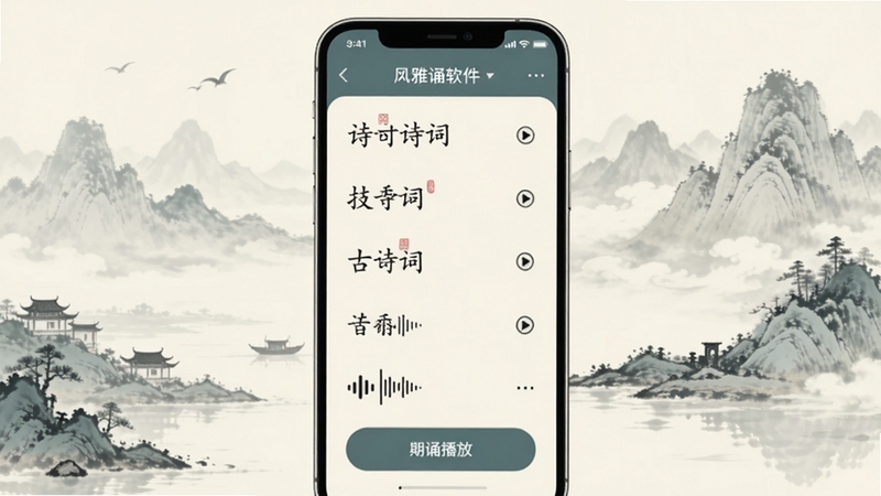 风雅诵软件界面展示古典诗词列表与朗诵播放按钮,画面中央为手机屏幕,背景为淡雅水墨山水,整体色调青灰与米白相间,突出诗词文字与音频波形图标