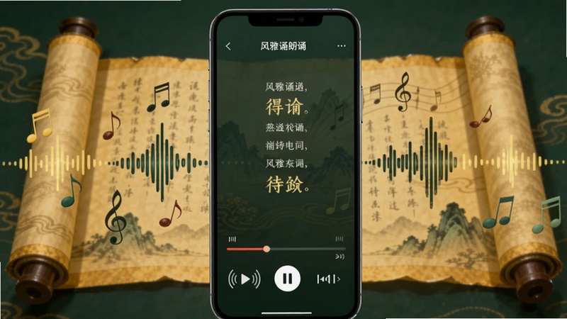 风雅诵朗诵播放界面,手机屏幕显示诗词文字与音频进度条,周围环绕音符与声波图形,背景为古风卷轴展开效果,色调暖黄与墨绿搭配