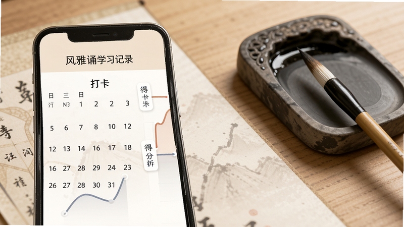 风雅诵学习记录页面,手机屏幕展示打卡日历与得分折线图,背景为书桌与毛笔砚台,色调柔和米黄与浅棕
