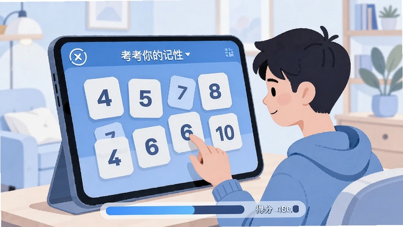 画面中央为考考你的记性软件内的数字记忆挑战界面,屏幕上排列着不规律的数字卡片,一位年轻用户正专注地点击屏幕,背景为温馨的室内环境,色调以浅蓝与白色为主,风格为扁平化插画,突出记忆训练的主题,画面下方有进度条与得分显示,整体氛围轻松专注