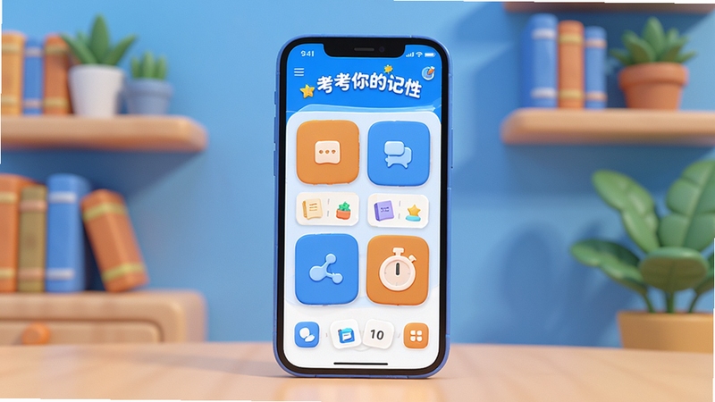 整体画面以明亮简洁的科技蓝与暖橙色为主色调,画面正中央位置放置一部智能手机,手机屏幕显示考考你的记性软件主界面,界面上有记忆卡片和计时器元素,背景区域为虚化的书房环境,书架上摆放书籍与绿植,画面风格为3D渲染卡通质感,光影柔和,突出软件名称考考你的记性,整体构图居中对称,适配Boogu模型生成