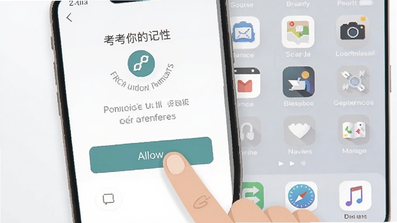 画面展示考考你的记性软件在手机上的安装权限设置界面,手指正点击允许按钮,背景为简洁的手机桌面,图标排列整齐,风格为扁平化UI插画,色调以白色和浅灰色为主,突出安全安装与权限管理的主题