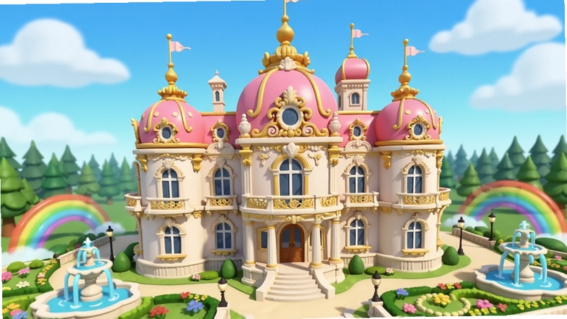 米加世界洛可可城堡全景展示图,画面中央是一座华丽的洛可可风格城堡,城堡拥有粉色与金色相间的圆顶和精致雕花阳台,周围环绕着花园、喷泉和彩虹,背景是蓝天白云与远处的森林,画面风格为卡通3D渲染,色彩明亮柔和,整体氛围梦幻浪漫,适合作为游戏主界面宣传图