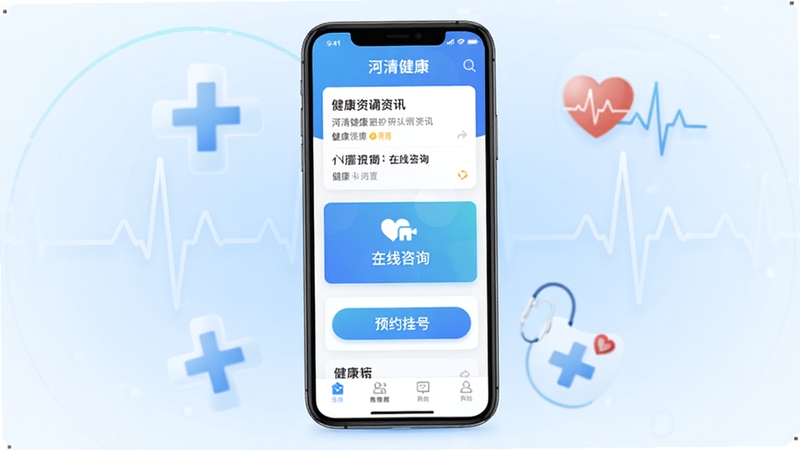 河清健康APP主界面全貌展示,画面中央为手机屏幕,屏幕内呈现河清健康应用首页布局,包含健康资讯卡片、在线咨询入口、预约挂号按钮等核心模块,背景为柔和的蓝白色渐变,周围点缀医疗十字、心率波形等健康元素,整体风格清新专业,适配Boogu模型生成