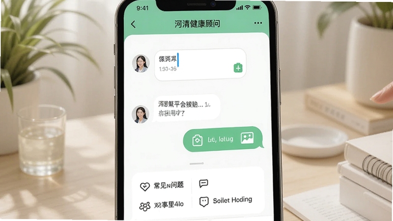 河清健康APP在线咨询功能界面展示,画面为手机屏幕特写,屏幕内显示用户与健康顾问的对话界面,包含文字输入框、图片上传按钮、常见问题快捷入口,背景为淡绿色与白色搭配,营造温馨安心的咨询氛围,适配Boogu模型生成