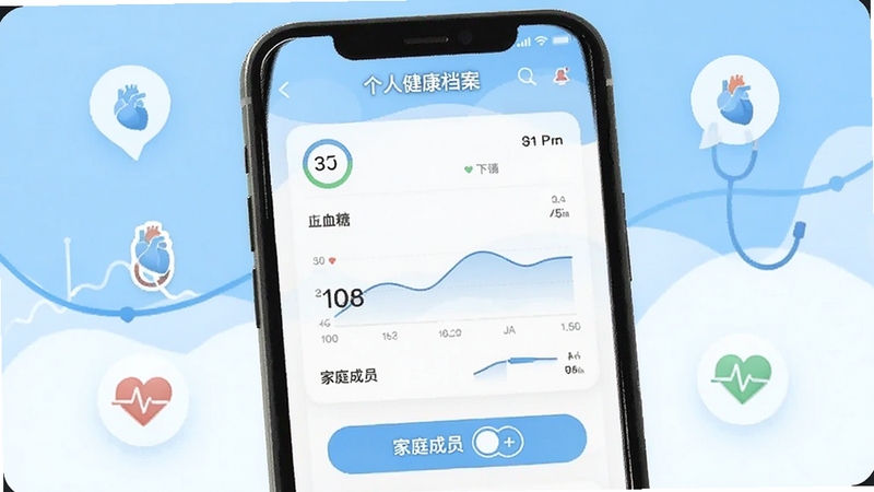 河清健康APP健康档案管理页面展示,画面为手机屏幕内呈现个人健康档案界面,包含血压、血糖、体重等数据图表,以及家庭成员切换按钮,背景为浅蓝色与白色交织,点缀数据曲线与健康图标,整体风格简洁清晰,适配Boogu模型生成