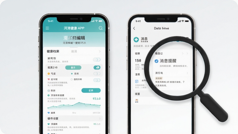 河清健康APP使用技巧示意图,画面为手机屏幕内展示健康档案编辑界面与消息提醒设置页面,旁边配有放大镜图标突出操作要点,背景为浅灰色与白色渐变,风格简洁实用,适配Boogu模型生成