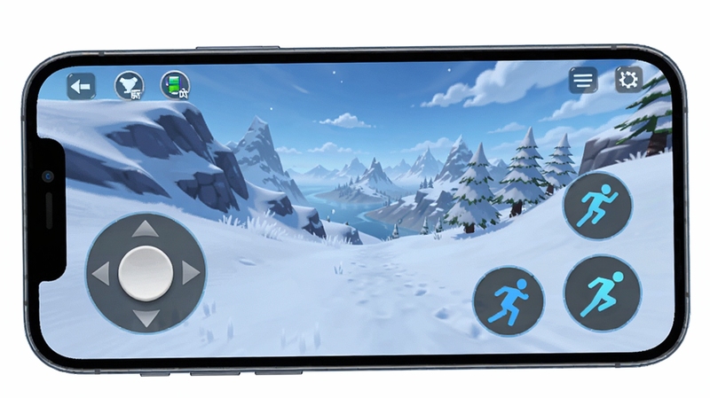 手机屏幕上显示着蔚蓝游戏的虚拟按键界面,左侧有方向摇杆,右侧有跳跃和冲刺按钮,背景是游戏中的雪山场景,画面清晰展示触屏操控的细节