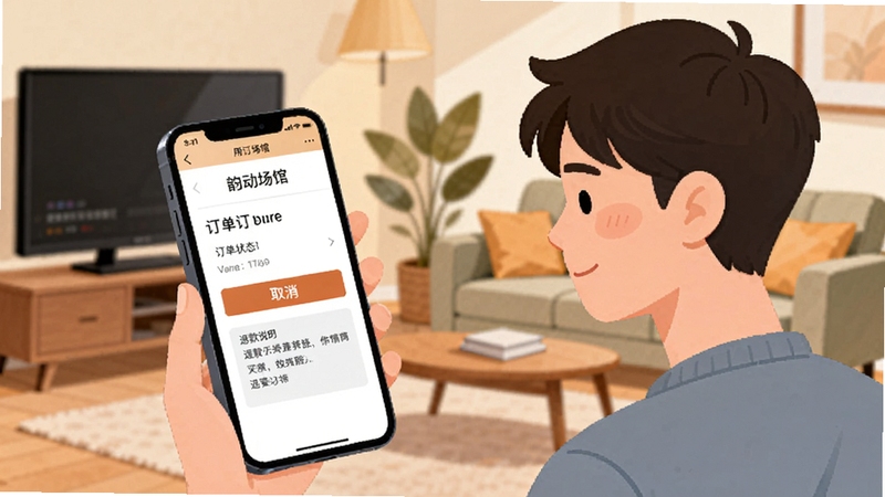 韵动场馆用户问答场景图,画面展示一位年轻人在手机前查看预订订单详情页面,屏幕上显示订单状态、取消按钮和退款说明,背景为居家客厅环境,整体色调温暖自然,采用扁平化插画风格