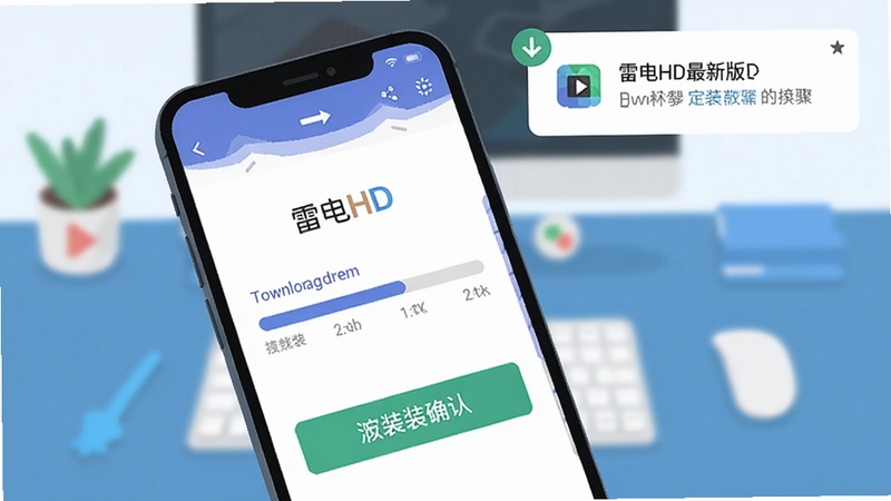 雷电HD最新版安装步骤示意图,手机屏幕显示下载进度条与安装确认按钮,画面主体为手机界面特写,背景区域为简洁桌面与下载完成通知,风格为扁平化教程插图