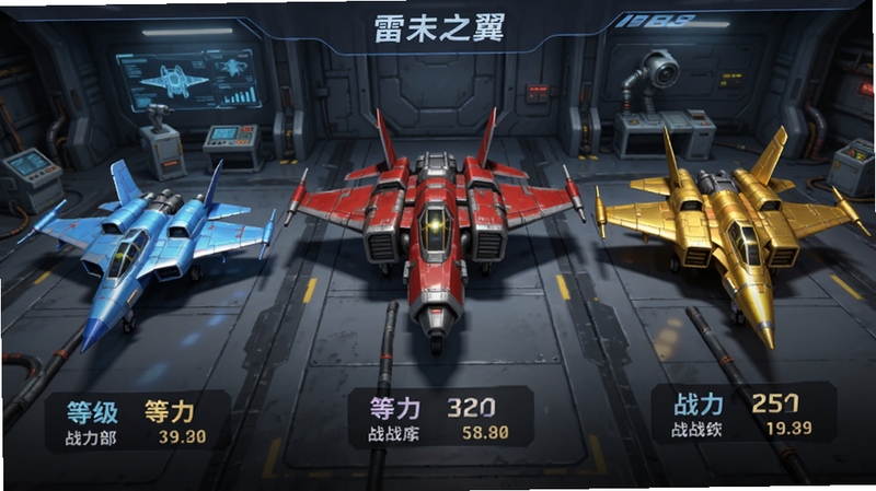 雷电之翼 机库界面展示三架不同颜色的科幻战机,左侧为蓝色轻型战机,中间为红色重型战机,右侧为金色限定战机,每架战机下方有等级与战力数值,背景为科技感机库,适配Boogu模型生成