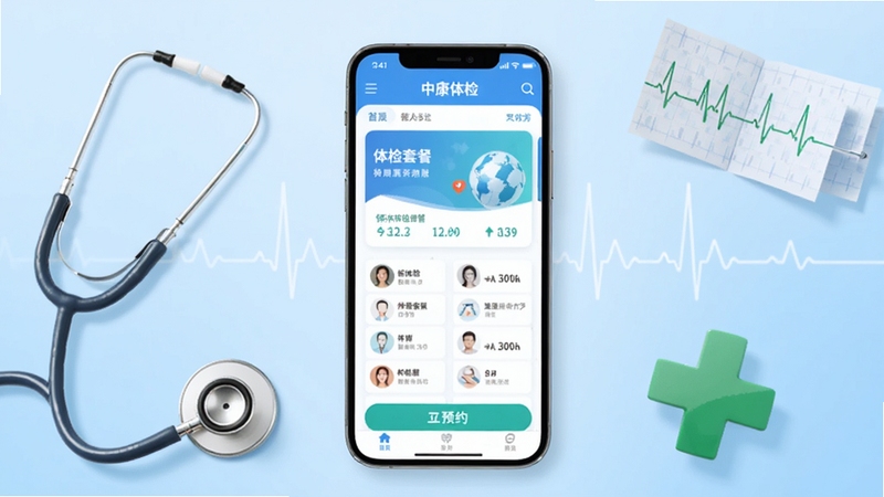 �п���� �ֻ�Ӧ�ý���չʾ������������һ�������ֻ�����Ļ��ʾ�п����App��ҳ����������ײͿ�Ƭ��ԤԼ��ť������Ϊǳ��ɫ���䣬��Χ�������������ĵ�ͼ��������ɫʮ�ֵ�ҽ�ƽ���Ԫ�أ�����������רҵ������Booguģ������