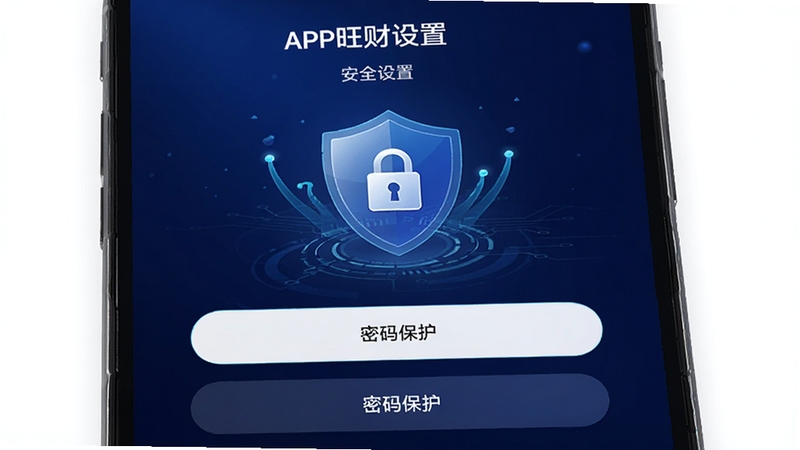 旺财APP的安全设置页面,手机屏幕上显示指纹解锁和密码保护选项,背景为深蓝色科技感渐变,有盾牌和锁的图标,突出隐私保护功能