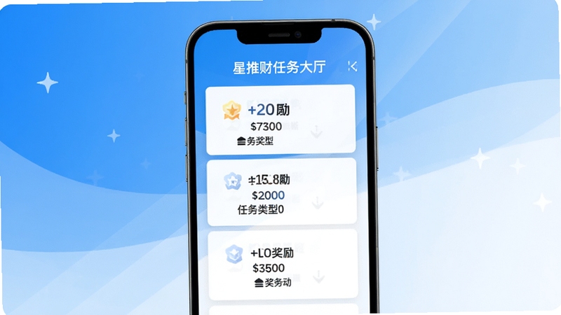星推财任务大厅界面展示,手机屏幕中排列整齐的任务卡片,每张卡片标注奖励金额和任务类型,背景为明亮的蓝白渐变色调,整体风格简洁现代