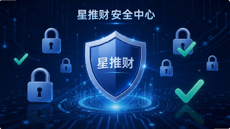 星推财安全中心页面,盾牌图标位于屏幕中央,周围环绕锁和勾选标记,背景为深蓝色科技感渐变,体现安全防护概念