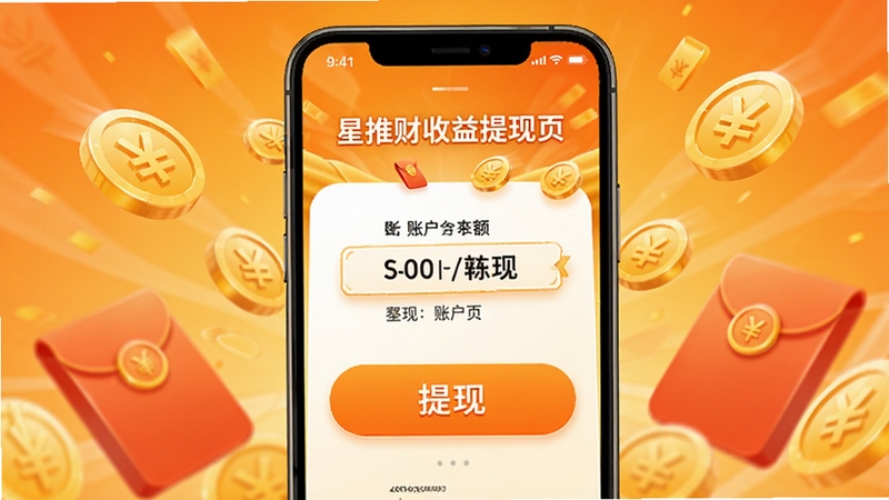 星推财收益提现页面,手机界面显示账户余额和提现按钮,周围环绕金币和红包元素,背景为温暖的橙黄色调,突出收益到账的喜悦感