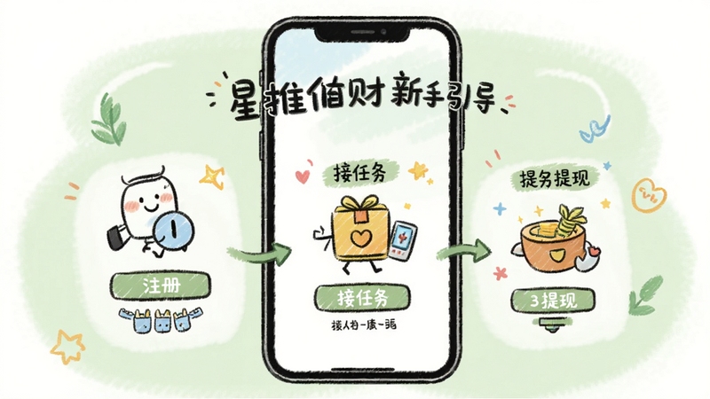 星推财新手引导页面,卡通风格的手绘插图展示注册、接任务、提现三个步骤,手机屏幕居中,背景为柔和的浅绿色,整体氛围轻松友好