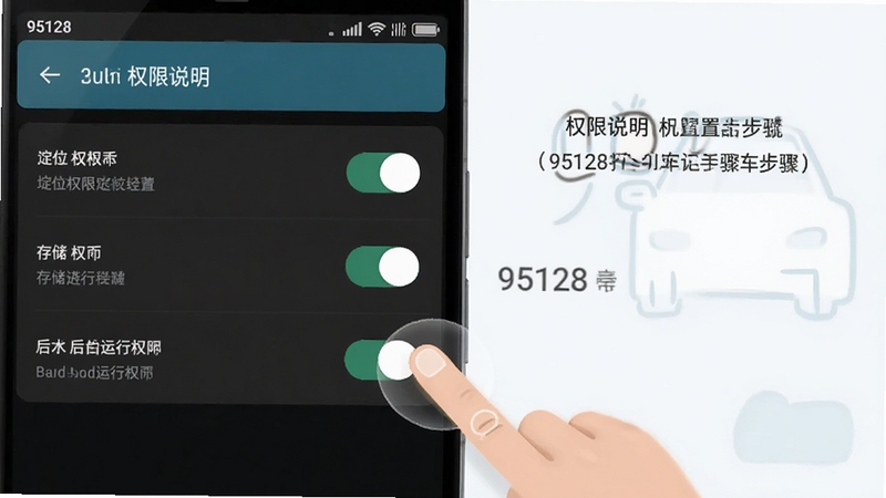 95128打车司机端手机权限设置界面截图风格插画,画面展示安卓手机设置页面中定位权限、存储权限、后台运行权限的开关状态,旁边有手指点击开启的动作,背景简洁,配色清爽,辅助说明权限配置步骤