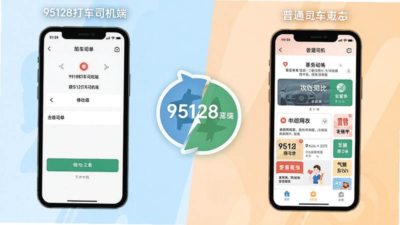 95128打车司机端与普通网约车司机端功能对比示意图,画面左侧展示95128打车司机端简洁接单界面,右侧展示普通司机端复杂营销界面,中间用对比符号分隔,整体风格简洁明快,信息图风格
