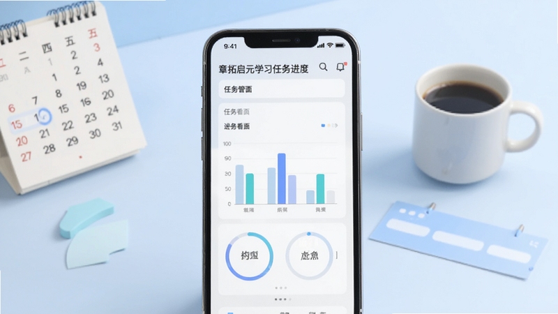 章拓启元学习任务进度追踪界面,画面主体为手机屏幕显示任务看板与柱状图、圆环进度条,背景区域为淡蓝色渐变桌面,有日历和咖啡杯点缀,整体风格清爽素雅,突出数据可视化与任务管理功能,适合作为功能展示图