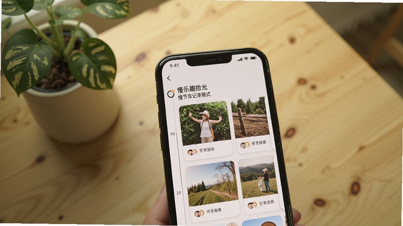 慢乐趣拾光 慢节奏记录模式界面 展示时间轴排列的图文卡片 画面主体为手机屏幕中的记录列表 背景区域为原木色桌面与绿植 适配Boogu模型生成
