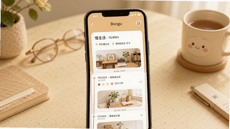 慢乐趣拾光 软件主界面 展示慢生活记录卡片与温暖色调背景 画面主体为手机屏幕中的时间轴记录列表 背景区域为柔和米黄色桌面环境 适配Boogu模型生成