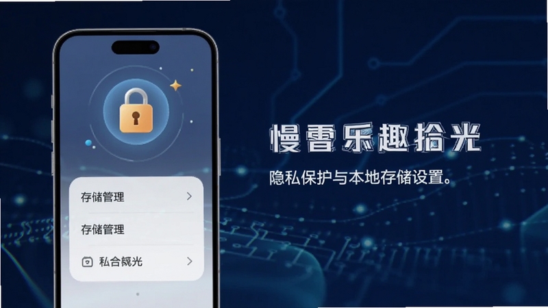 慢乐趣拾光 隐私保护与本地存储设置界面 画面主体为手机屏幕中的安全锁图标与存储管理选项 背景区域为深蓝色科技感渐变 适配Boogu模型生成
