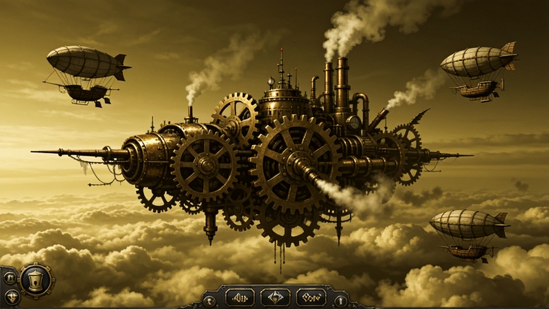 蒸汽朋克:时空要塞 游戏主界面全景,画面中央是一座悬浮在云海之上的巨大机械要塞,黄铜色齿轮与蒸汽管道交错,四周有飞艇环绕,天空呈现复古的暗金色调,整体风格为蒸汽朋克科幻,细节丰富,光影层次分明