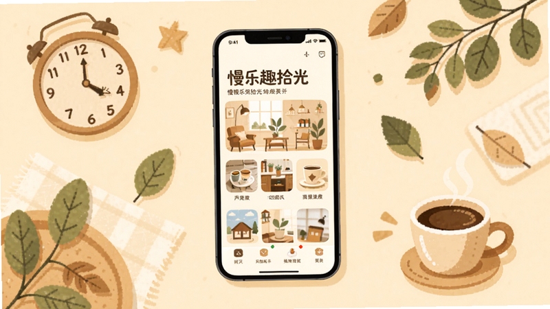 慢乐趣拾光 应用主界面全景展示,画面中央是手机屏幕显示应用首页,背景为温暖的米黄色调,周围点缀着时钟、树叶、咖啡杯等慢生活元素,整体风格清新治愈,扁平化插画风格