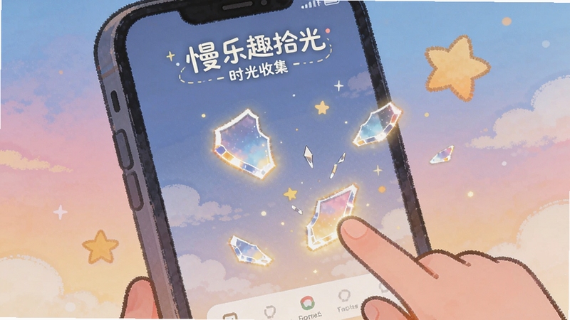 慢乐趣拾光 时光收集界面,画面展示手机屏幕中漂浮着发光的碎片和星星,用户手指轻触屏幕收集碎片,背景是柔和的渐变色天空,卡通手绘风格,温馨治愈
