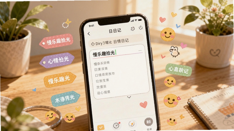 慢乐趣拾光 心情日记编辑页面,画面中央是手机屏幕显示日记输入框,周围漂浮着彩色标签和表情符号,背景是木质桌面和绿植,温暖的光线洒落,治愈系插画风格