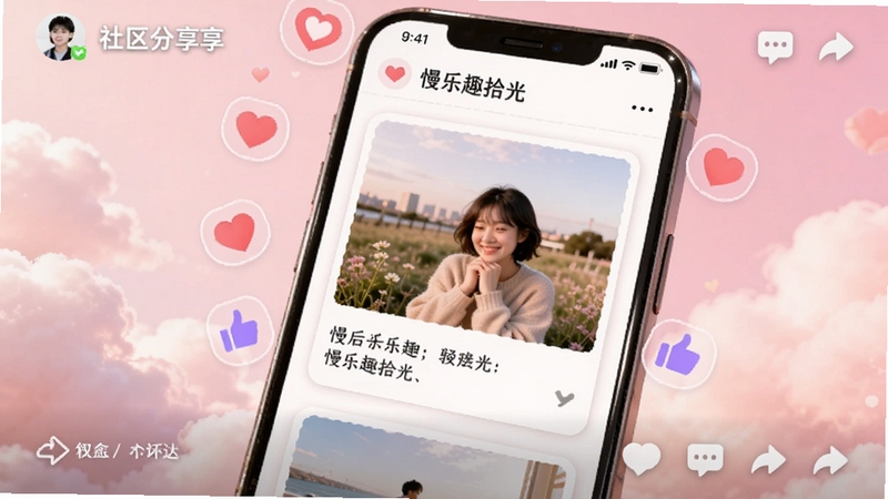 慢乐趣拾光 社区分享界面,画面展示手机屏幕中显示精美的时光卡片,卡片上有照片和文字,周围有爱心和点赞图标漂浮,背景是柔和的粉色云朵,社交互动氛围轻松愉快