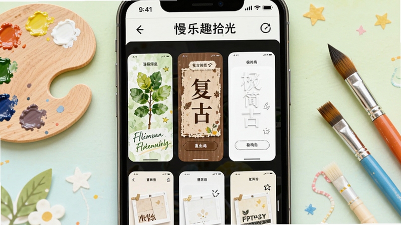 慢乐趣拾光 主题装扮选择界面,画面展示手机屏幕中排列着多种风格的界面预览图,包括清新绿、复古棕、极简白等,周围点缀着调色盘和画笔元素,背景明亮活泼