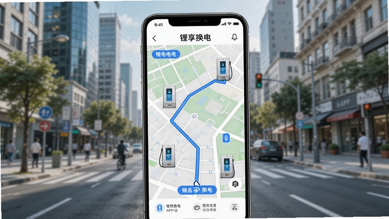 锂享换电APP站点导航界面展示,手机屏幕显示地图路线与换电柜图标,背景为城市街道,画面清晰明亮