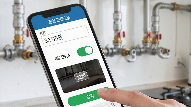燃气记录管家巡检记录编辑界面,手机屏幕特写,显示燃气表读数输入框、阀门开关切换按钮、拍照上传区域,手指正在点击保存按钮,背景虚化为厨房燃气管线环境,画面明亮清晰