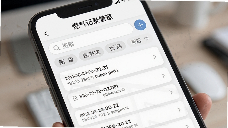 燃气记录管家历史记录检索页面,手机屏幕显示搜索框和筛选标签,下方列表展示多条带日期的巡检记录条目,界面色调为白色与浅灰色搭配,突出数据条理感