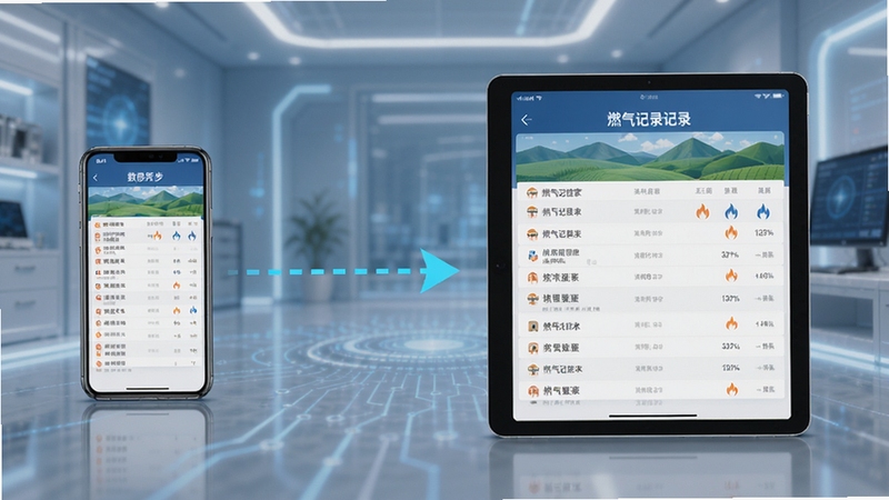 燃气记录管家多设备同步示意图,画面左侧为手机,右侧为平板电脑,两者屏幕均显示相同的燃气巡检记录列表,中间用虚线箭头连接表示数据同步,背景简洁科技风